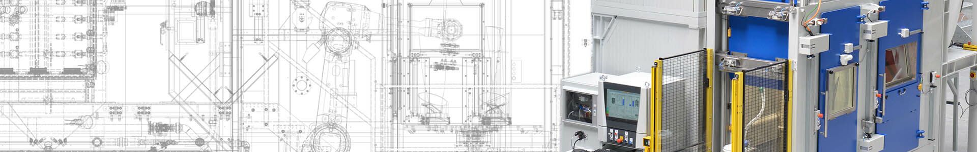 CAD-Zeichung und Bild einer Strahlanlage nebeneinander